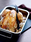 Free-range roast chicken stuffed with shell pasta and foie gras