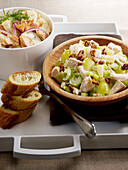 Chicken,celery,grape and walnut salad, potato and salmon salad