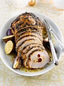 Stuffed roast turkey in poppyseed crust with lime and onions
