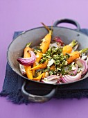 Roast carrots and red onions with herbs