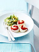 Steam-cooked fish fillet and red pepper rolls,mashed potatoes with rocket