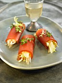 Quince paste cannellonis stuffed with pear,manchego and endive