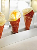 Spanish ham cones filled with mashed potatoes and quail's egg