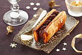 Caramelized flaky pastry and chocolate cream dessert
