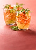 Crab meat, citrus fruit and diced vegetables in aspic