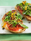 Tomatoes, mushrooms and mixed lettuce on toast