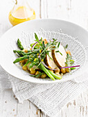 Chickpea,cold chicken and asparagus salad