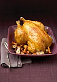 Roast poulard hen with ceps and chanterelles