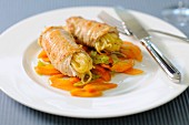 Roolled turkey breasts with spaghettis and vegetables