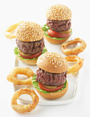 Mini hamburgers with fried onion rings