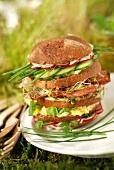 Giant burger with raw vegetables,scrambled eggs,grilled bacon,cream cheese and radish sprouts