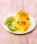 Small polenta hearts with winter fruit and saffron chutney