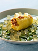 Potato stuffed with duck, sugar peas and diced aspic