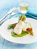 Rolled sole fillets stuffed with sliced zucchini, red pepper, green asparagus and green beans