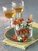 Fromage frais and chive balls and fried bacon mini brochettes