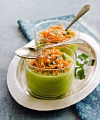 Cucumber soup with grated carrots and sesame seeds