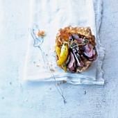 Duck Magret with peaches in a crisp casing