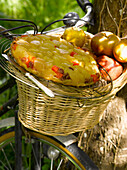 Apple tart in a bicycle basket