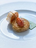 Crisp rice cake,roasted scallops, stewed tomato and ginger butter