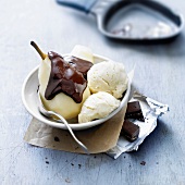 Pear,chocolate sauce and ice cream Raclette