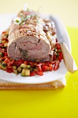 Shoulder of lamb stuffed with blue cheese
