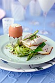 Sea bass, soft-boiled egg with herbs and green asparagus