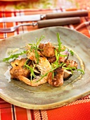 Crisp sweetbreads with ceps and shrimps