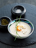 Cream of white bean soup with shrimps