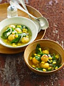 Spinach broth with sweetcorn and polenta balls