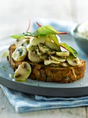Slice of squash bread topped with mushrooms