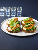 Marinated salmon,horseradish,broad bean and spinach on toasts