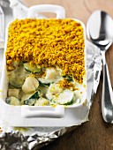 Jakobsmuschel-Crumble mit Zucchini und Currysauce