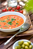 Tomato gazpacho outdoors