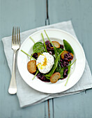 Spinach salad with a poached egg and croutons