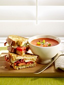 Tomato and cheese toasted sandwich and gazpacho