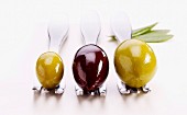 Three varieties of olives on forks