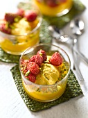 Melon sorbet with raspberries and pistachios