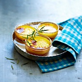 Rosemary cream dessert on a bed of apricots