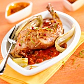 Rabbit with citrus fruit zests and tomato sauce