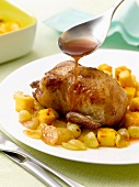 Roast quail with white grapes and diced polenta