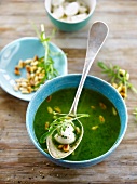 Rocket lettuce soup with mozzarella and pine nuts