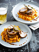 Roast pork in beer sauce,carrot mash