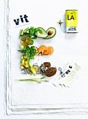 Chemical symbol vitamin E written with food