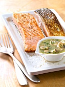 Salmon cooked on one side with mushroom sauce
