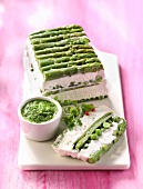 Fromage frais and green vegetable terrine with dandelion puree