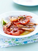 Beef tomatoes with roasted shrimps and lime vinaigrette