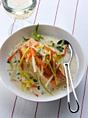 Salmon Waterzoï with thinly sliced vegetables