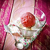 Strawberry sorbet on a bed of nougat