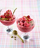 Cherry ice cream with crushed pistachios