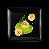 Pan-fried scallops with creamy pea sauce on a black background